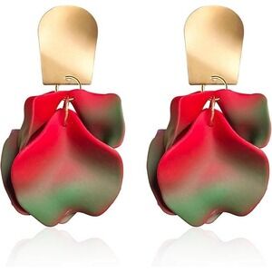 Statement Earrings Red Green Petal Drop Dangle Gold Tone Modern‎ Fashion Jewelry